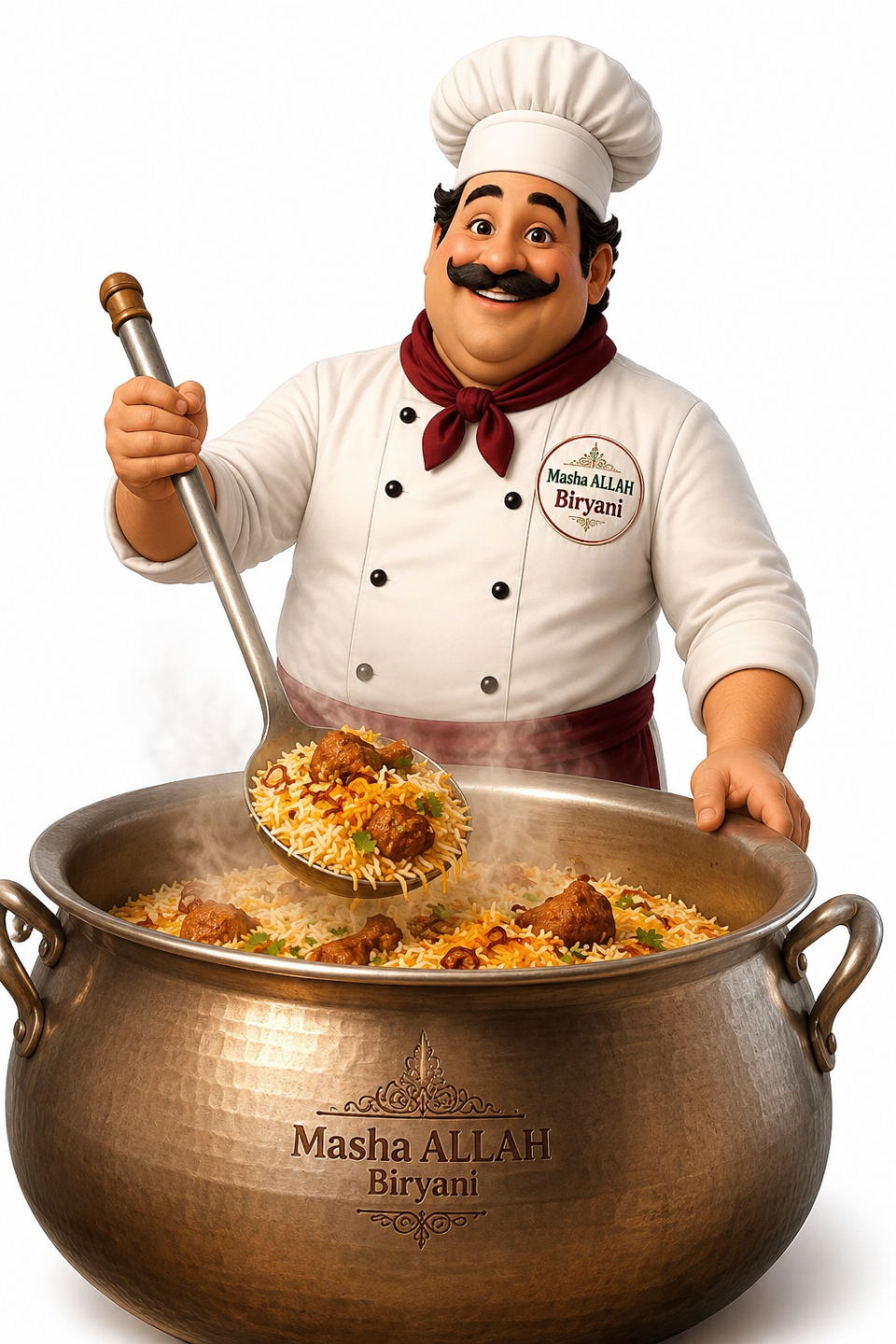 MashaAllah Biryani chef serving chicken biryani from a copper daig